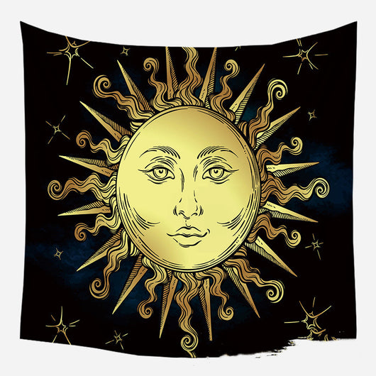 Golden crescent moon and woman silhouette tapestry with a floral crown against a dark blue starry background. - Image 28