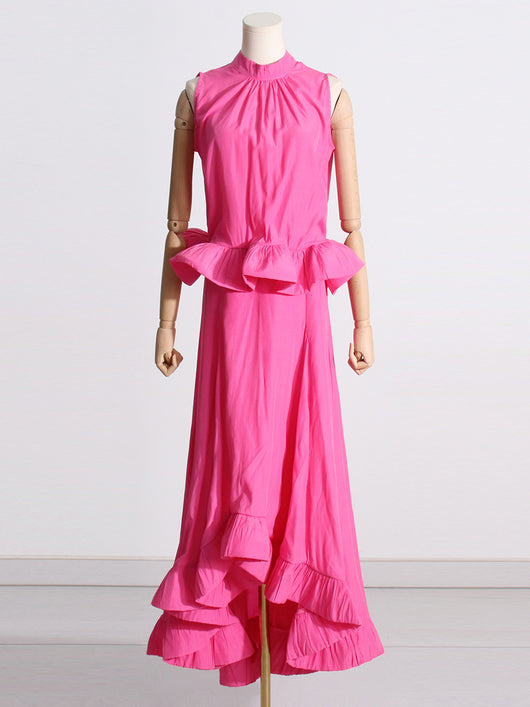 Conjunto de Dos Piezas: Blusa sin Mangas con Cuello Alzado Plisado y Falda Volantes - Image 11