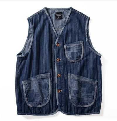 Chaleco Denim Retro Patchwork Color Block Marrón - Image 11