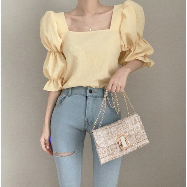 Blusa de Gasa con Escote Cuadrado y Mangas Abullonadas