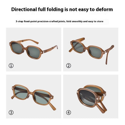 Brown oval sunglasses with dark lenses and thick frames, featuring visible silver hinges on a light gray background. - Image 4