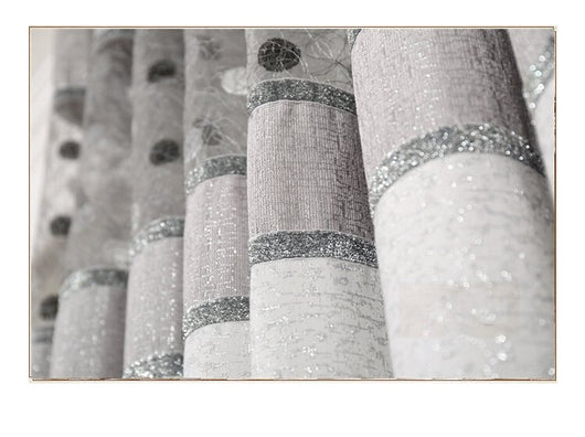 Grey and white two-tone blackout curtains with a sheer polka dot panel, hung on a white grommet rod. - Image 6