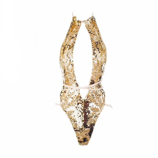 Bikini Enterizo Sexy con Lentejuelas y Cuello Halter Estilo Europeo