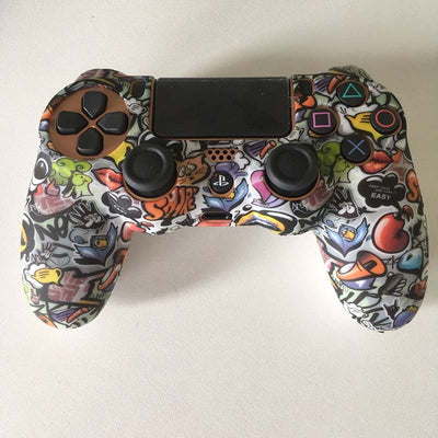 Blue silicone protective sleeve for PS4 Slim Pro controller with a vibrant graphic pattern of skulls and skeletons. - Image 28