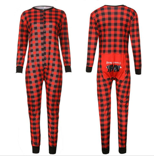 Red and black buffalo plaid baby romper with long sleeves, snap front closure, and black ribbed cuffs and collar. - Image 2