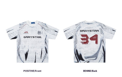 White short sleeve t-shirt with black and white abstract print, round neck, and 'GRAYSTAR' text on the front. - Image 5