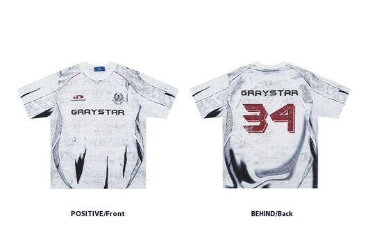 White short sleeve t-shirt with black and white abstract print, round neck, and 'GRAYSTAR' text on the front. - Image 5