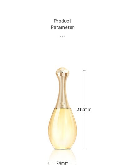 Mini silent portable humidifier shaped like a perfume bottle, with a clear body and a gold ribbed neck and faceted cap. - Image 15