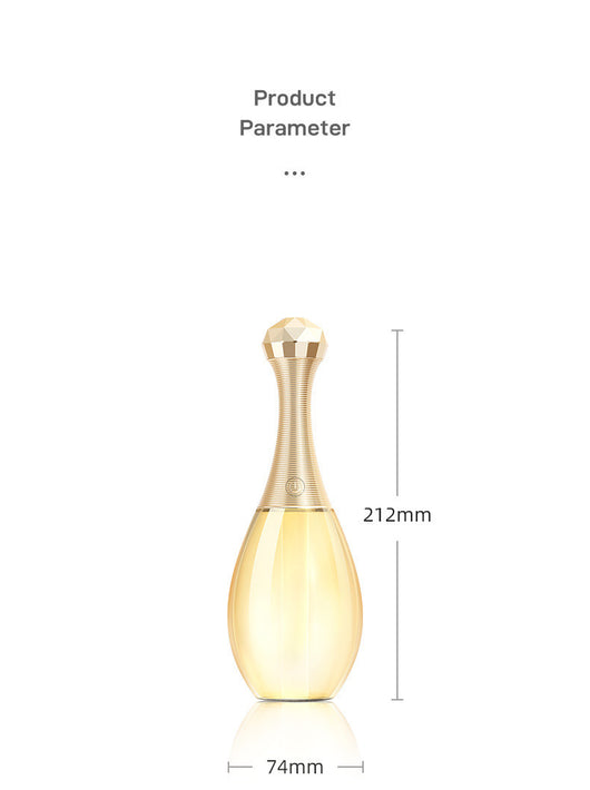 Mini silent portable humidifier shaped like a perfume bottle, with a clear body and a gold ribbed neck and faceted cap. - Image 15