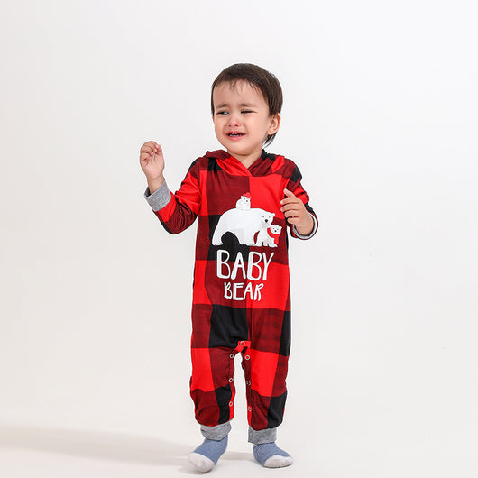 Baby wearing a red and black plaid hooded romper with a white polar bear "BABY BEAR" graphic. - Image 12