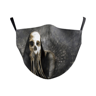 Dark green dust mask with a pattern of white skulls, blue flowers, and pink butterflies, featuring black ear loops. - Image 20