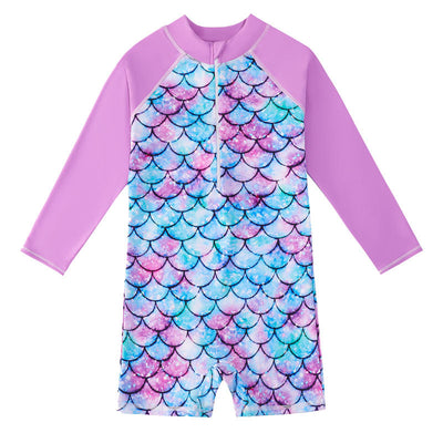 Children's long-sleeve swimsuit with a colorful floral print body and solid pink raglan sleeves, featuring a front zipper. - Image 5