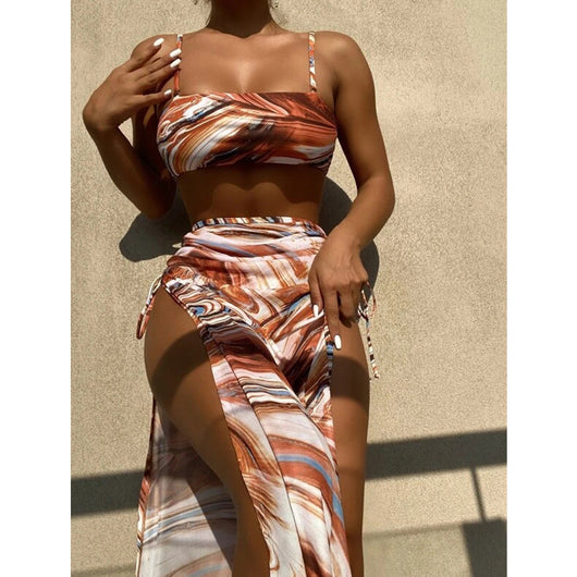 Women's 3-piece bikini set with a brown, white, and blue tie-dye wave pattern, including a top, bottom, and sarong. - Image 2