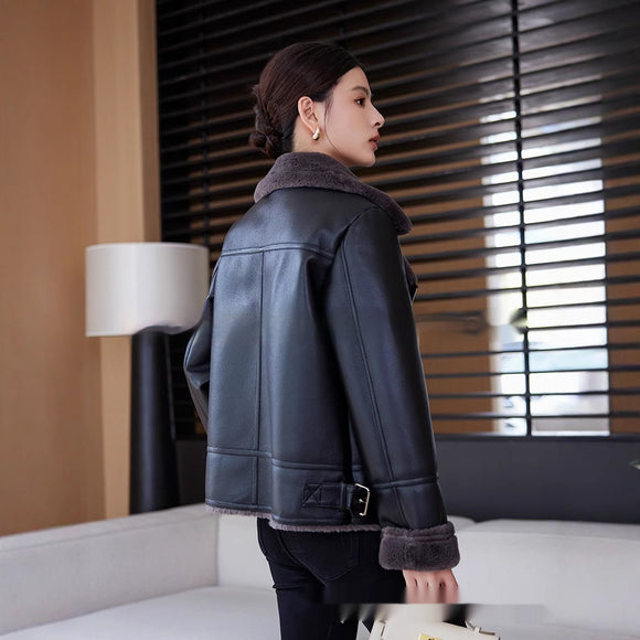 Abrigo de Cuero y Borrego para Mujer - Chaqueta de Moto Invierno Premium
