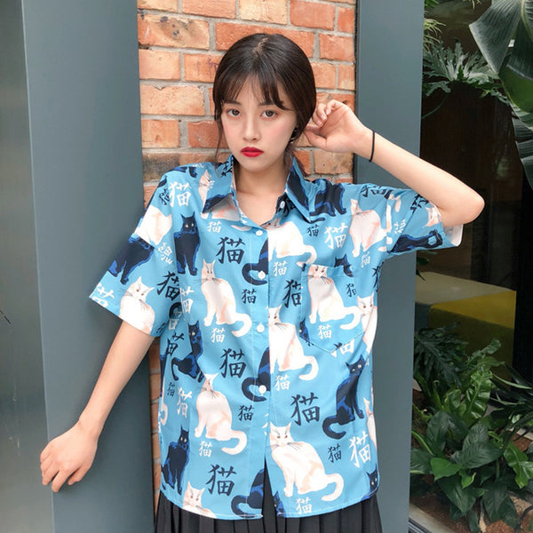 Playera Estilo Harajuku con Estampado de Gatos