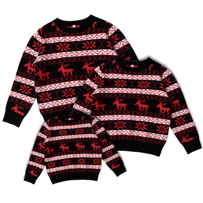 Women's black, red, and white Christmas sweater with reindeer and snowflake fair isle patterns, round neck, long sleeves. - Image 14