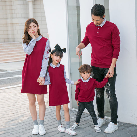 Family of four in matching maroon and striped outfits, including father, mother, son, and daughter. - Image 5