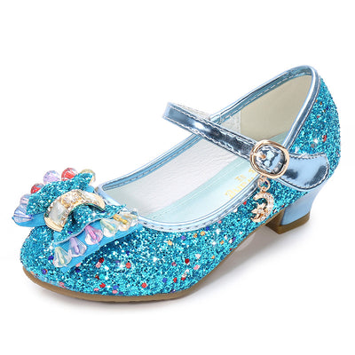 Red glitter Mary Jane shoes for girls with a decorative bow, clear and pink crystals, and a moon and star charm. - Image 5