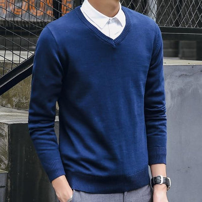 Suéter de Punto Coreano Slim Fit Cuello V Color Sólido Algodón Premium - Image 8