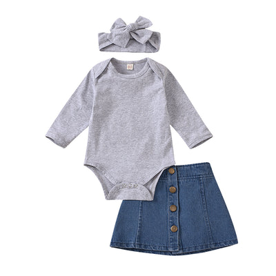 Conjunto de 3 Piezas: Enterizo de Algodón Puro con Falda Denim y Pañoleta - Image 2