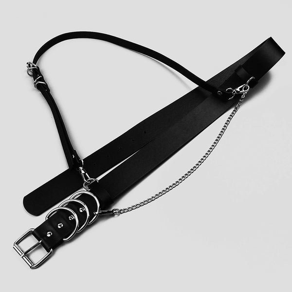 Black waist belt with single shoulder strap, silver buckle, D-rings, and decorative chain. - Image 3