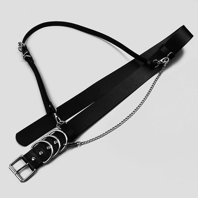 Black waist belt with single shoulder strap, silver buckle, D-rings, and decorative chain. - Image 3