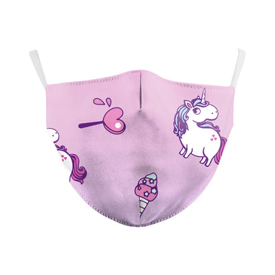 Black dust mask with a whimsical print featuring white unicorns, colorful donuts, yellow stars, and rainbows. - Image 3