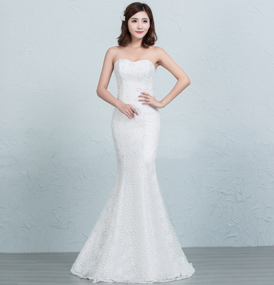 Vestido de Novia Cola Sirena con Encaje Lentejuelado en la Cintura