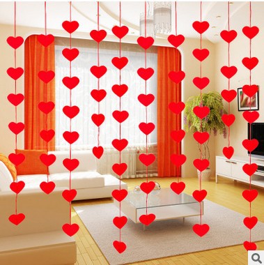 Red heart curtain with 'love' text, made of non-woven fabric, suitable for romantic home or party decoration.