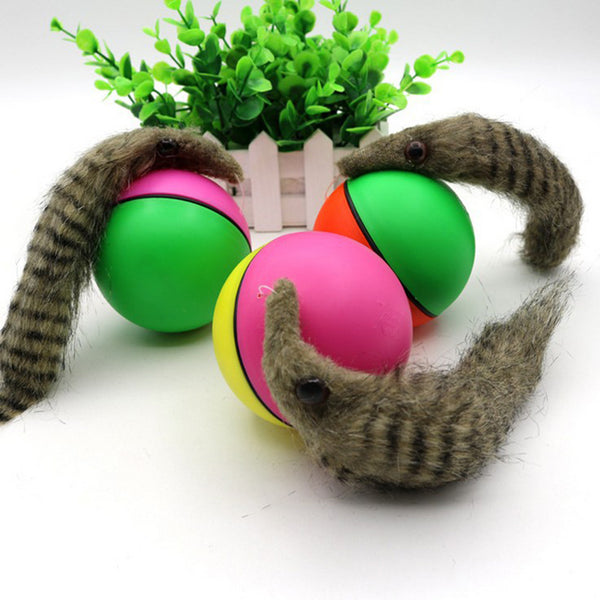Green and pink two-tone ball with a furry gray beaver-like pet toy on a white background.