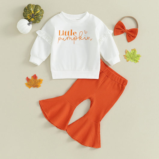Conjunto Infantil Elegante: Suéter con Volantes y Pantalón Acampanado a Rayas