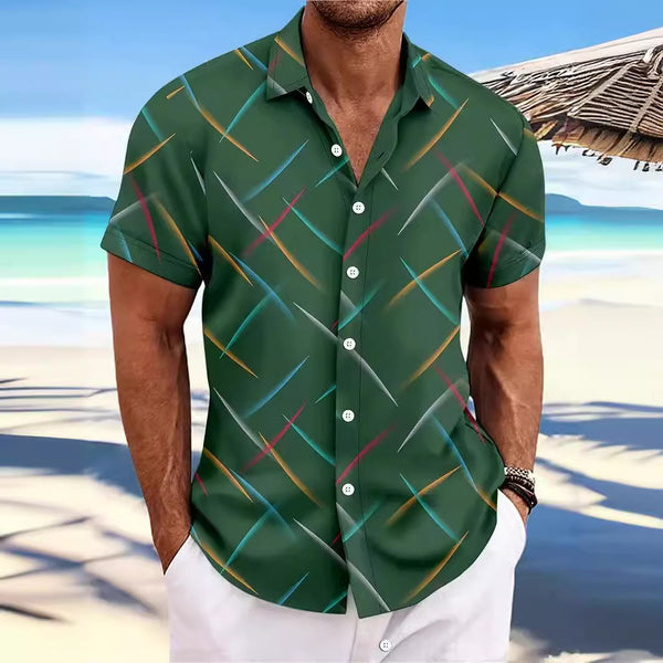 Camisa de Playa Hombre Rayas Plumas - Manga Corta Botones Casual Verano
