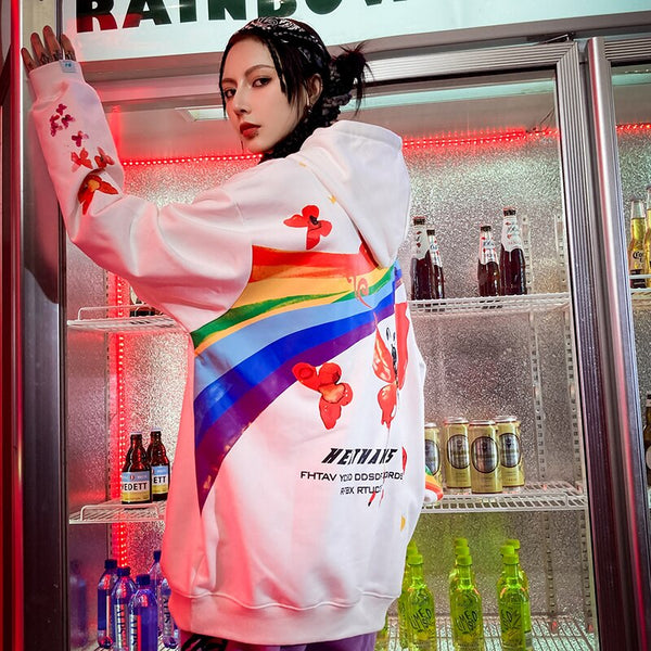 Sudadera Hip Hop Rainbow con Estampado Mariposa - Hoodie Streetwear Casual Unisex