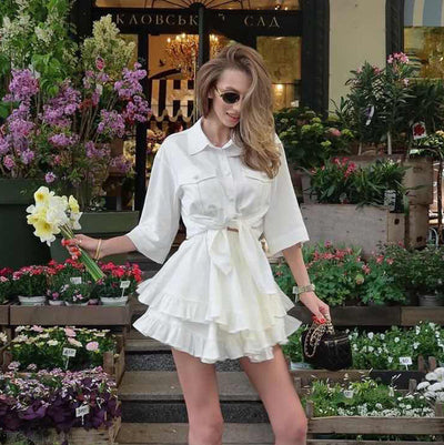 Conjunto Elegante: Blusa Manga Corta con Cuello Solapa y Falda Plisada - Image 10