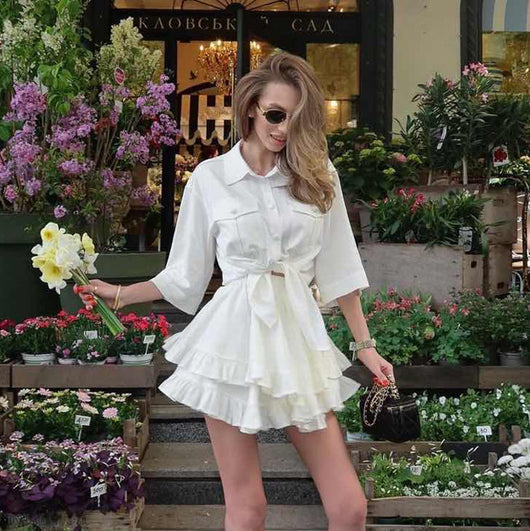 Conjunto Elegante: Blusa Manga Corta con Cuello Solapa y Falda Plisada - Image 10