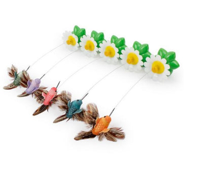 Electric pet toy with a row of white and yellow daisy flowers, green leaves, and five colorful feather birds on wires. - Image 8