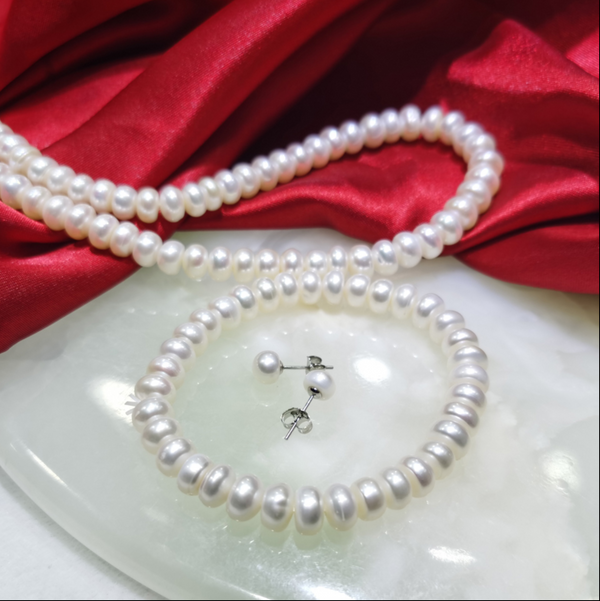 Conjunto de Joyería de Perlas: Collar, Pulsera y Aretes
