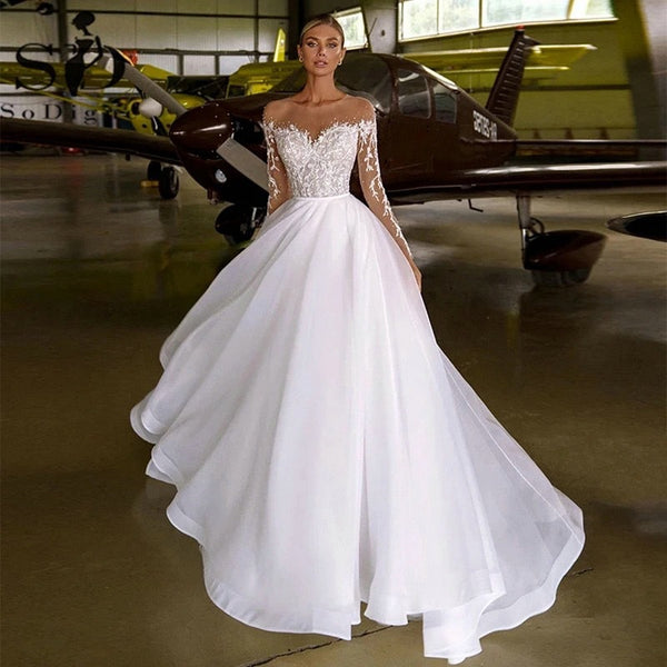 Vestido de Novia Largo con Hombros Descubiertos y Bordados Elegantes