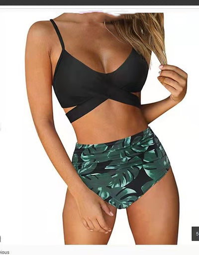 Teal wrap-around bikini top with high-waisted bottoms featuring a vibrant tropical leaf print in blue, pink, and purple. - Image 10