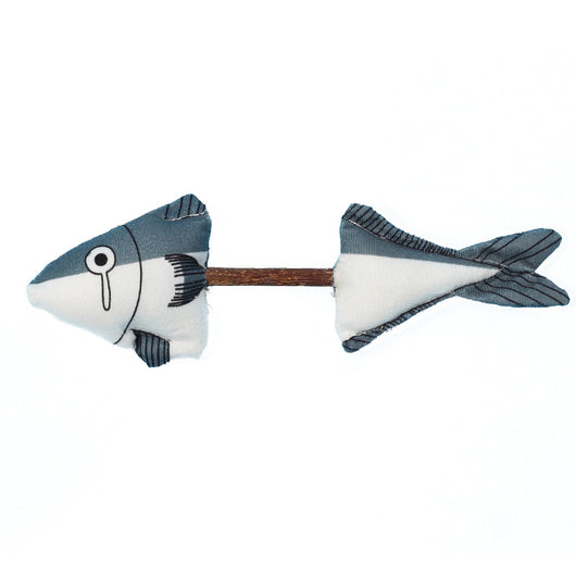 Gray and white plush catnip fish molar rod toy with a brown stick, designed for cats to chew and play. - Image 7