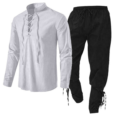 Conjunto de Dos Piezas: Camisa Casual de Lino y Algodón Manga Larga Color Sólido