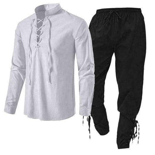 Conjunto de Dos Piezas: Camisa Casual de Lino y Algodón Manga Larga Color Sólido