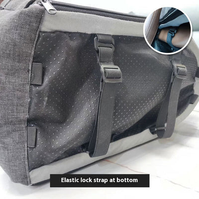 Dark gray portable pet car bed with white paw print and bone patterns, soft gray interior, and black straps. - Image 9
