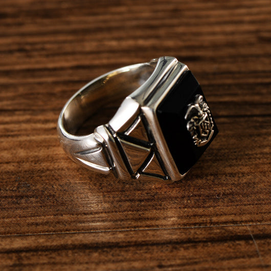 Anillo de Plata Ley 925 con Ágata Negra para Hombre - Diseño Dominante Azul Marino - Image 4