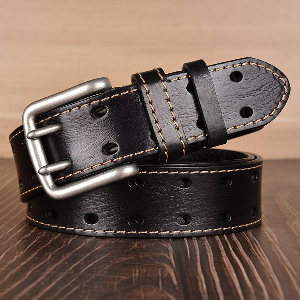 Cinturón de Cuero Genuino con Hebilla Doble Pasador - Estilo Casual para Hombre