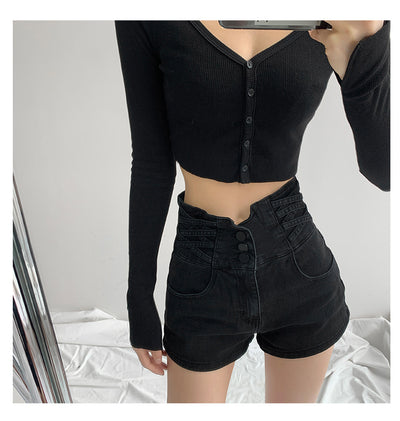 Short Denim Cintura Alta Tejido Cruzado Control de Abdomen para Mujer - Image 8