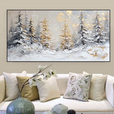 Cuadro Óleo Artesanal Escena Invernal Navideña con Pinos Dorados para Decoración del Hogar - Image 9