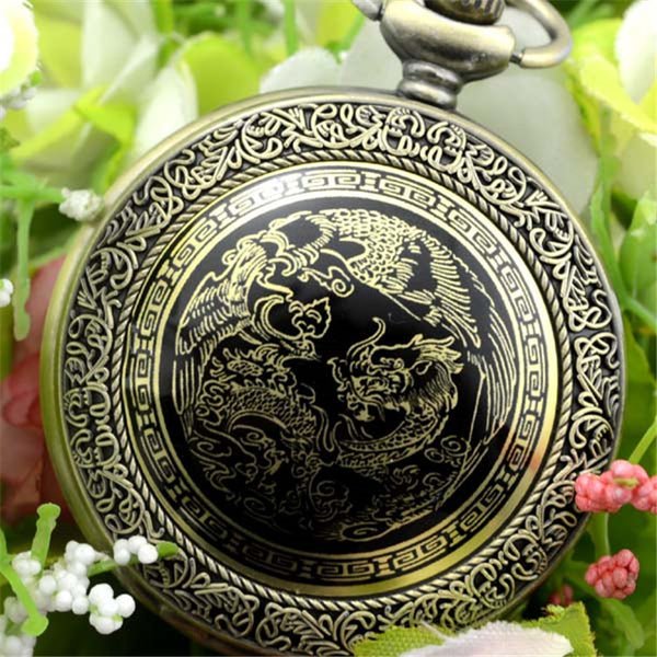 Reloj de Bolsillo Grande con Dragón y Fénix - Diseño Esmaltado para Prosperidad