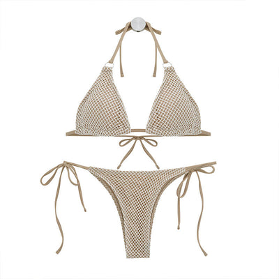 Woman wearing a white mesh two-piece bikini with a halter top and tie-side bottoms, suitable for hot springs. - Image 5