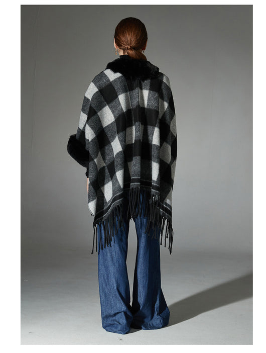 Chal Cuadros Blanco y Negro con Cuello de Piel - Estilo Europeo Otoño Invierno - Image 15